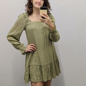 By The River Olive Green Long Sleeve Mini Shift Dress – Size S